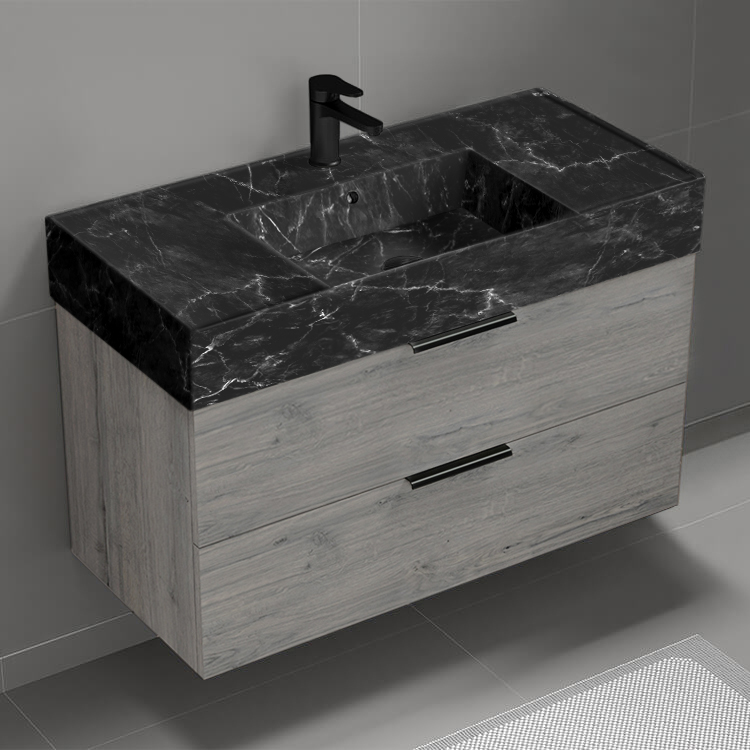 Nameeks DERIN921 Grey Oak Bathroom Vanity With Black Marble Design Sink, 40 Inch, Wall Mounted